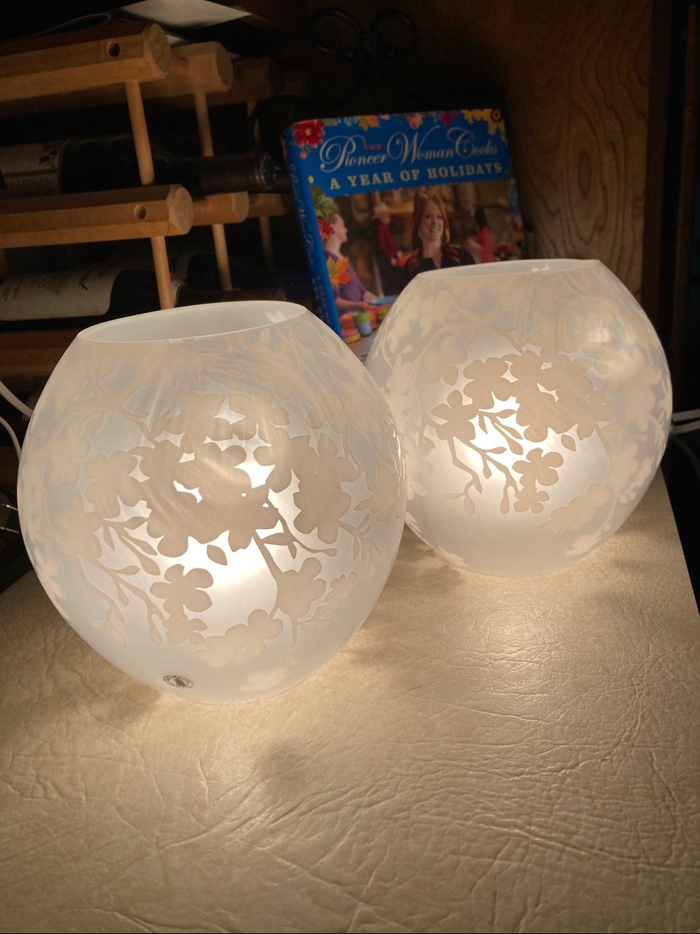 VTG IKEA Knubbig Frosted Cherry Blossom Glass Globe Lamps Set of 2, 7” x 11”